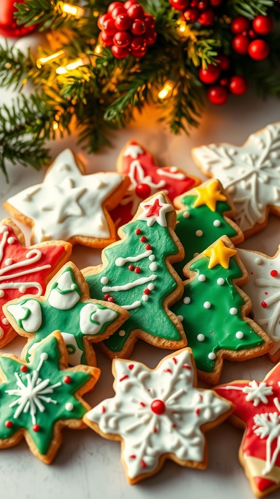 Christmas Sugar Cookies Recipe A variety of decorated Christmas sugar cookies in festive shapes on a holiday-themed table.